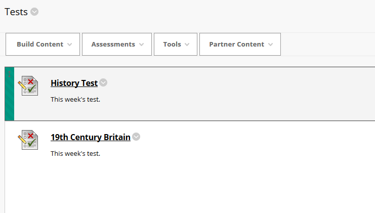 An example of a Blackboard page of tests