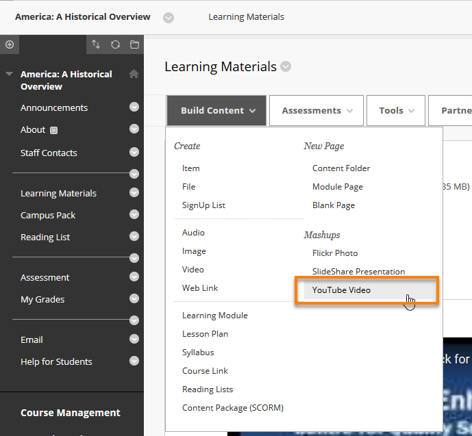 Highlighting the Youtube Mashup menu
