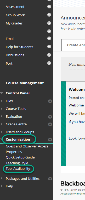 Blackboard Course Menu and Customisation, Tool Availability 