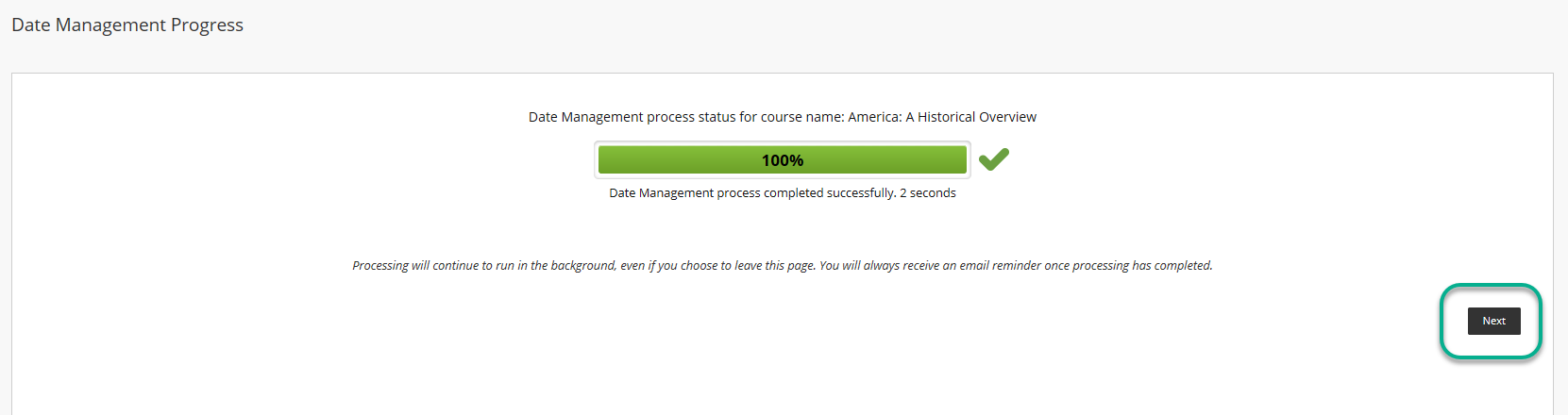 100 percent complete green progress bar in course 