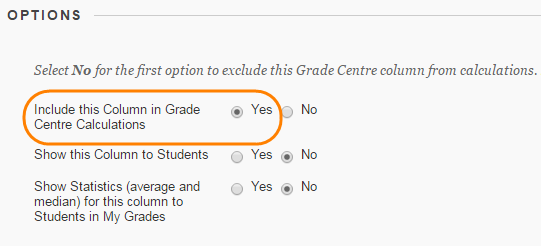 Image showing the Include in Grade Centre Calculations option selected.