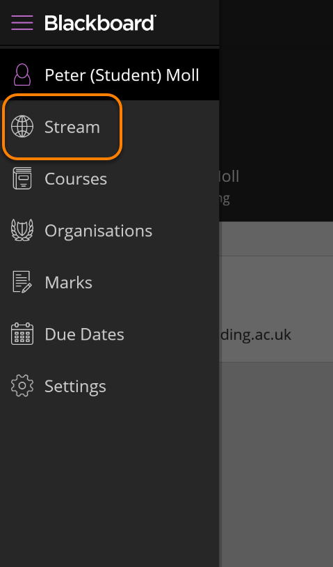 Blackboard App side menu with stream highlighted
