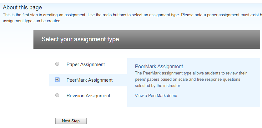 Choosing PeerMark assignment in the assessment types