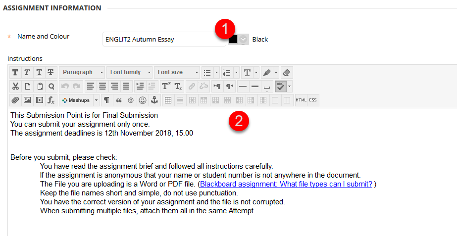 Assignment name and instructions