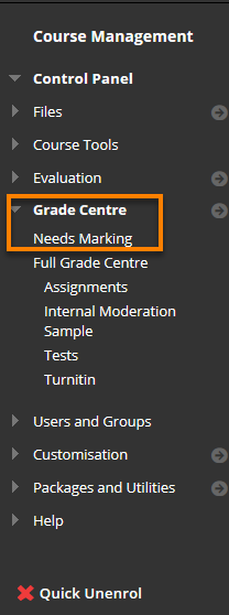 Grade Centre menu, needs marking