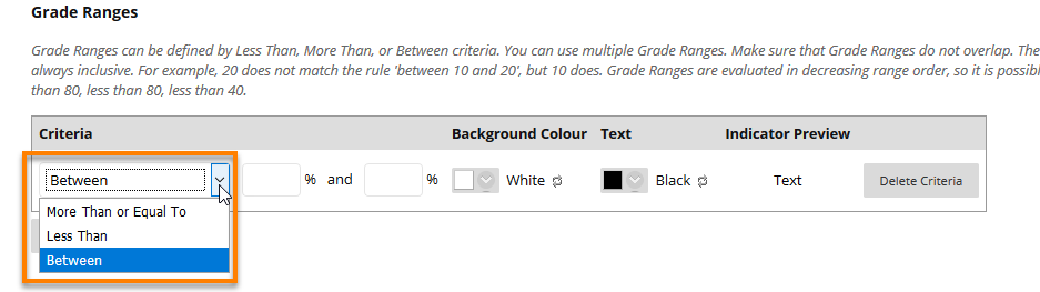 Criteria drop down selection