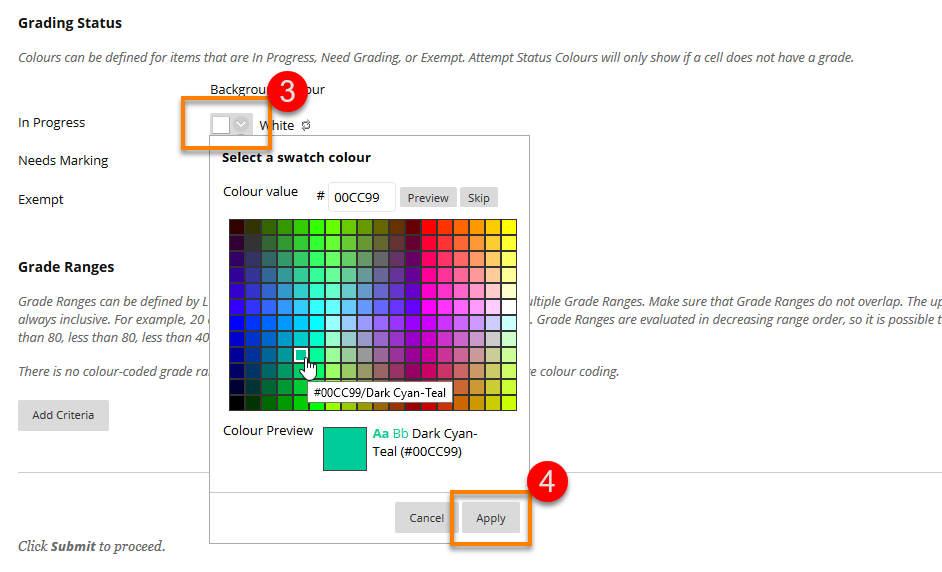 Grading Status Colour options and Colour palet 