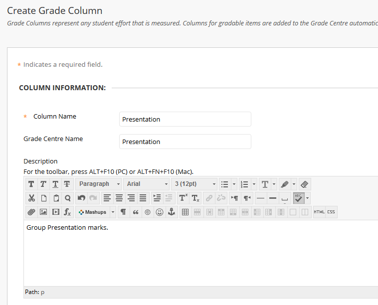 Grade Centre column information and description fields