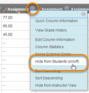 Showing hide from students on off in the grade centre drop down menu