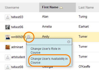 Grey editing chevron, showing the drop down menu and change users availability selected