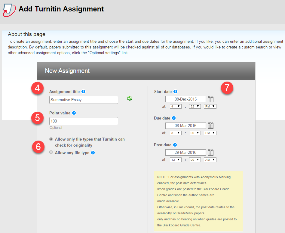 Assignment set up screen, showing steps four to seven