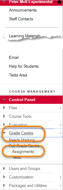 Control Panel with Grade Centre Assignments hightlighted