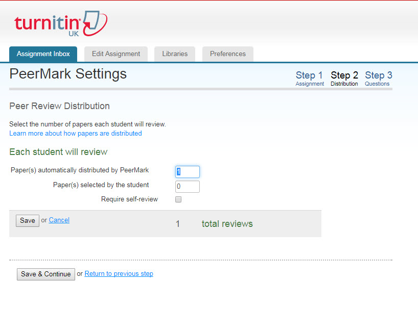 PeerMark settings, number of papers to be distributed