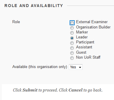 Role and availability menu within a Blackboard Organisation 