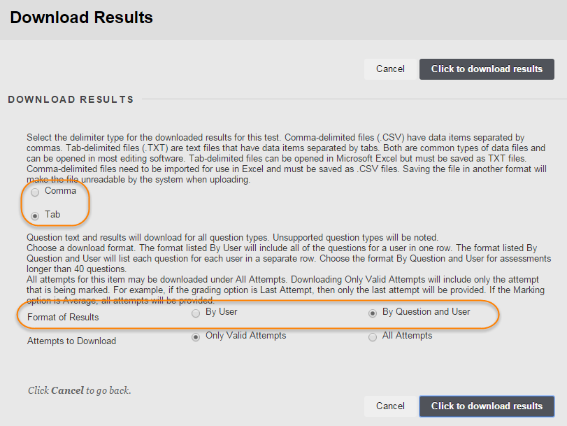 Download results screen highlighting By tab and by question and user 