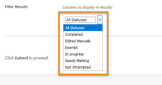 Category and Status Options showing list of Assessment status