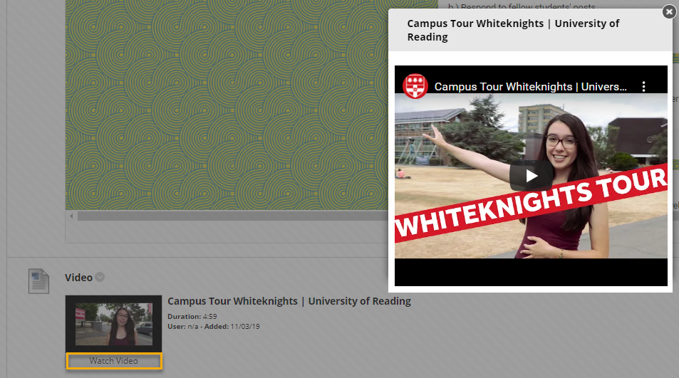 Screen shot of Video link in Blackboard course
