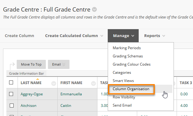 View of the Grade Centre Manage Menu, location of Column Organisation