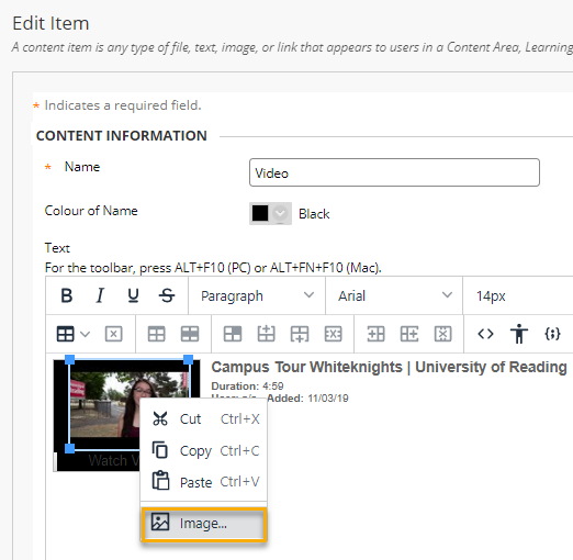Screen shot of Content Editor with Thumbnail image of embedded YouTube video, image menu is open and Image has been selected. 