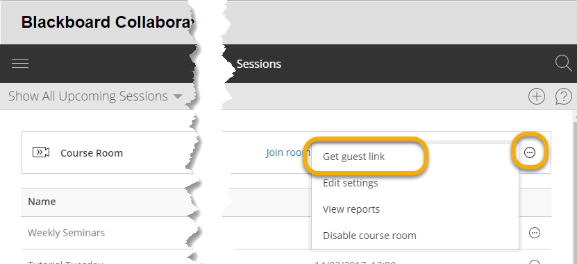 Edited to condense image: Collaborate upcoming sessions screen, drop down menu