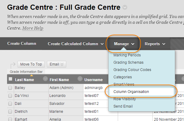 Showing a view of the grade centre - Manage menu and Column Organisation