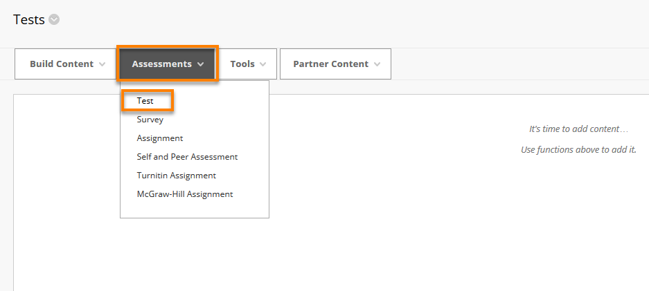 In a content area selecting Assessments menu and Tests