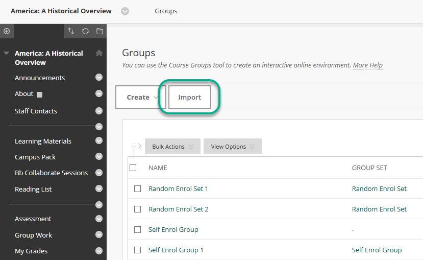 A view of the groups page with the Import button highlighted.