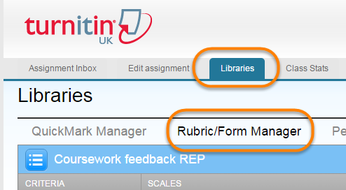 View within a turnitin assignment, clicking on libraries rubric / form manager
