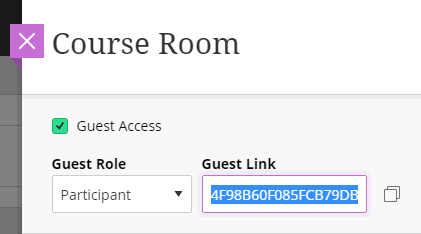 Course room menu, guest access link highlighted and being copied