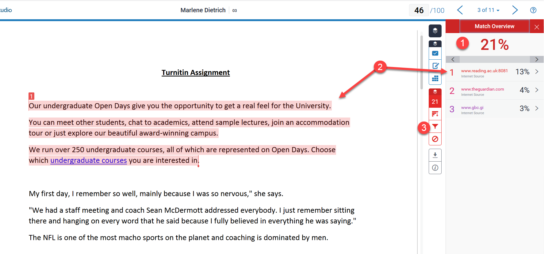 Steps one to three showing a paper in Turnitin and the similarity features