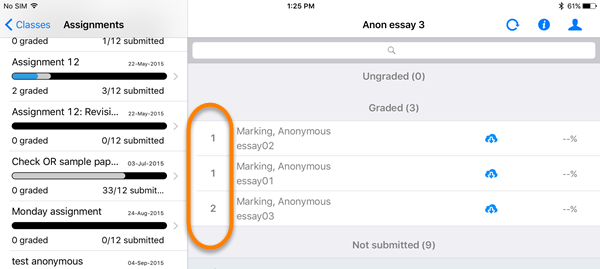 Turnitin iPad app view or assignment inbox and numbered view