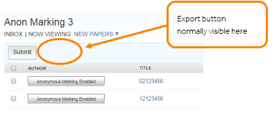 In the assignment inbox, showing where the export button would be and how hidden in anonymous assignment