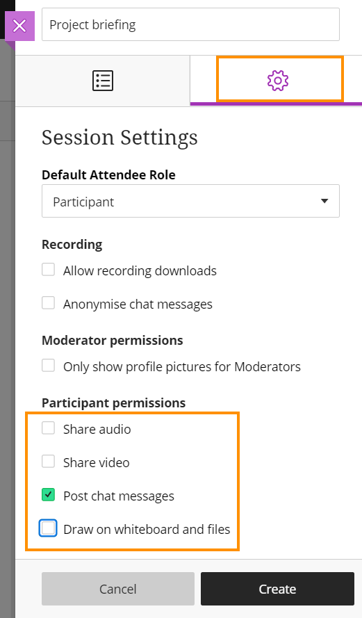 Collaborate - session settings