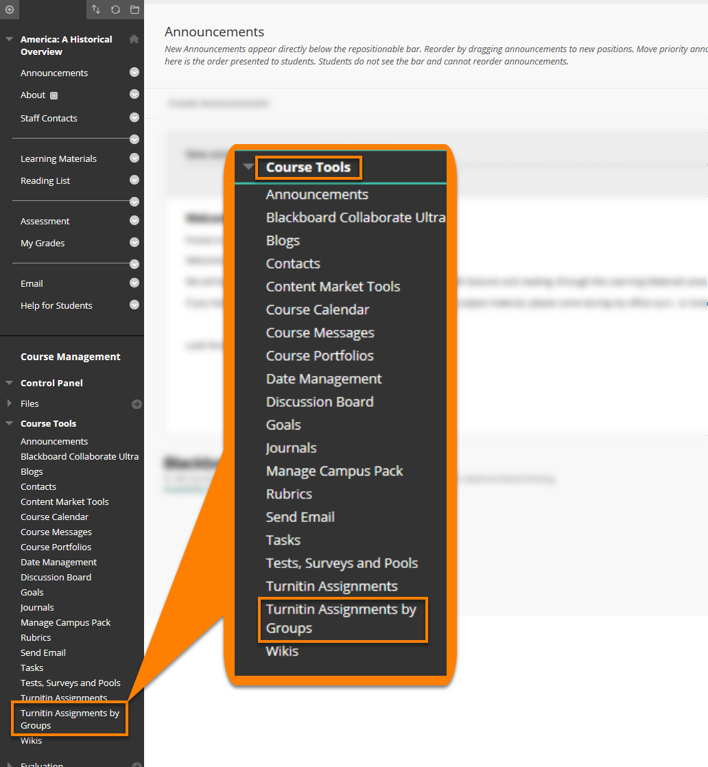 A composite graphic magnifying the Blackboard Course Tool Menu. Where to access Turnitin