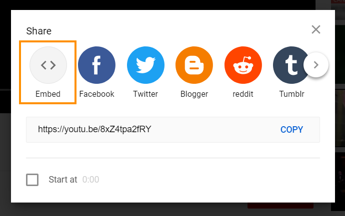 YouTube share options - Embed highlighted