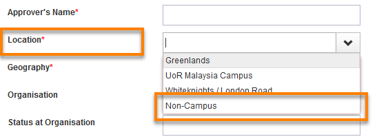 The new user request form with the location field - non-campus option highlighted.