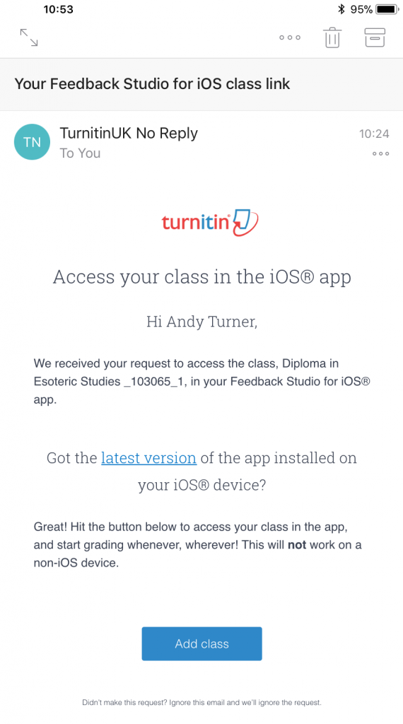 Turnitin email generated from Feedback Studio link