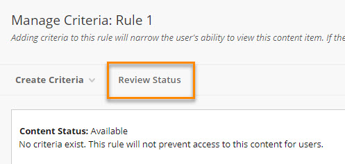 Manage Criteria: Review Status option highlighted