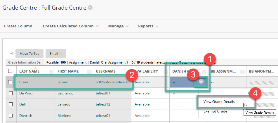 Image showing the grade Centre, Column, Cell, Chevron clicked and View Grade Details Selected.