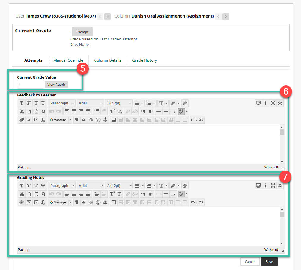 Image of the grading view - grade field, rubric button, feedback to learner and grading notes fields.