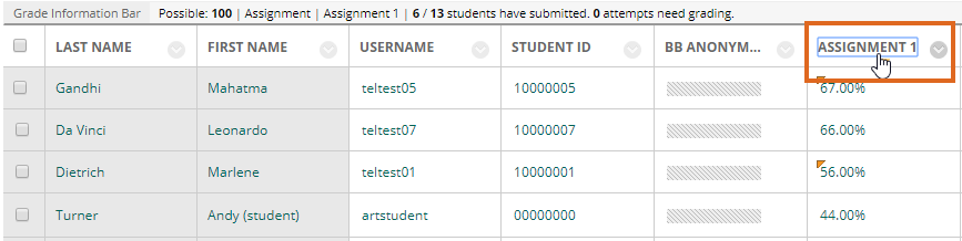 Blackboard Named Marking - sort by Grade