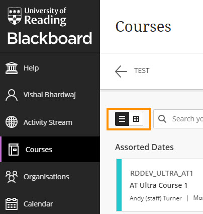 Screenshot to show the icons for switching between list and tile view of courses