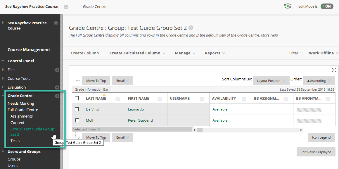 Image showing the  Grade Centre option in the Control panel and the Smart view listed underneath.