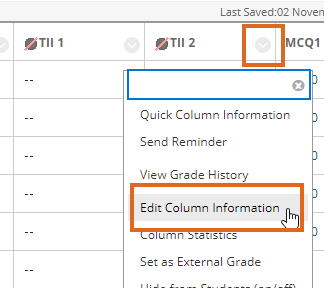 In a Turnitin column selecting Edit Column Information from drop down menu