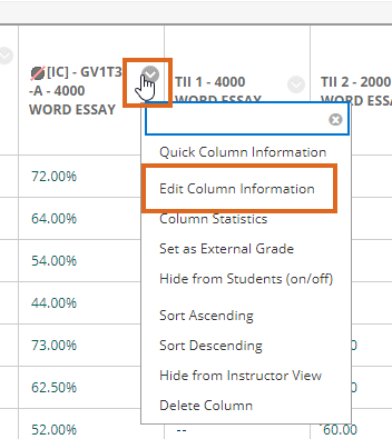 Example Turnitin Weighted Total Column - Edit Column