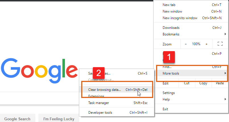 Google Chrome - More Tools > Clear Browsing Data