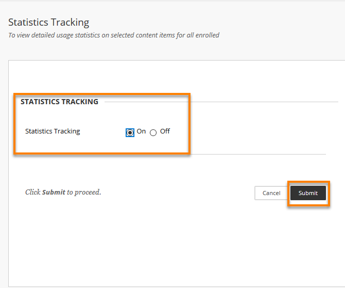 Highlighting the On button and Submit button for the Statistics tracking