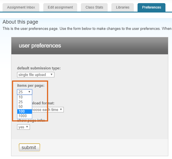 Turnitin preferences - items per page
