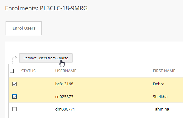 List of users with 2 highlighted and the Remove Users from Course option shown.
