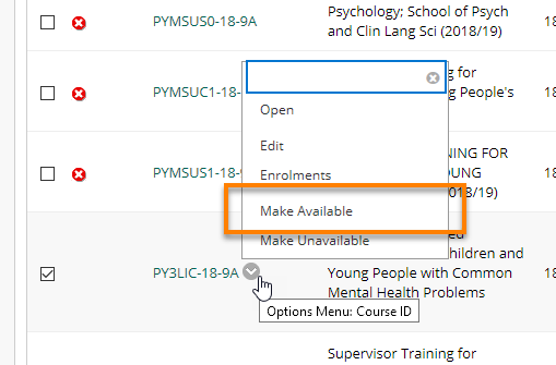 A context menu for a course in the search with the option to Make available highlighted.
